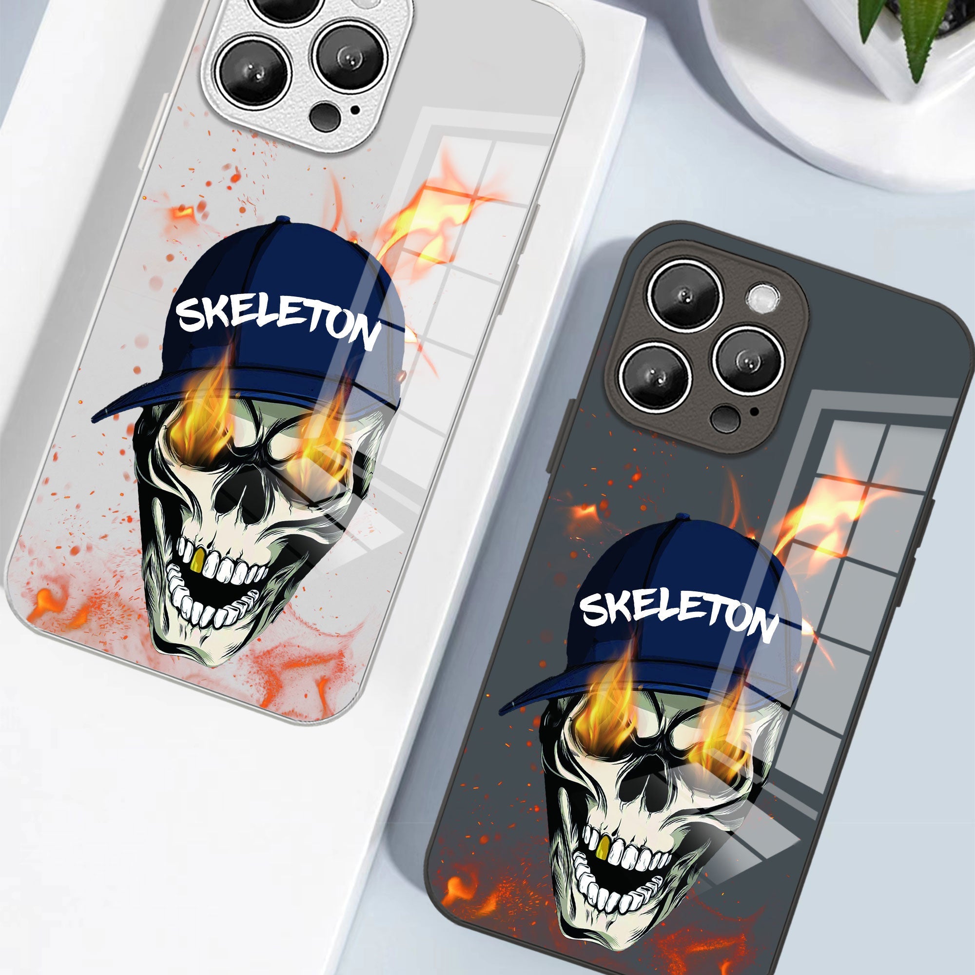 Original skull metal lacquered glass phone case